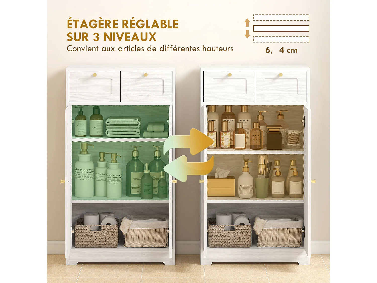 Meuble de salle de bain avec 2 tiroirs, double porte arquée et étagères réglables, armoire salle de bain, salon, chambre, 60 x 30 x 108 cm, blanc