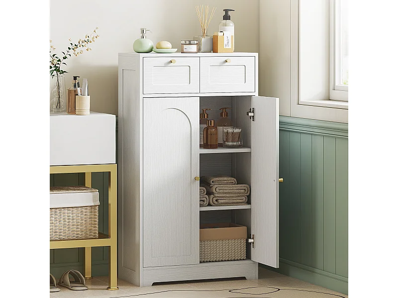 Meuble de salle de bain avec 2 tiroirs, double porte arquée et étagères réglables, armoire salle de bain, salon, chambre, 60 x 30 x 108 cm, blanc