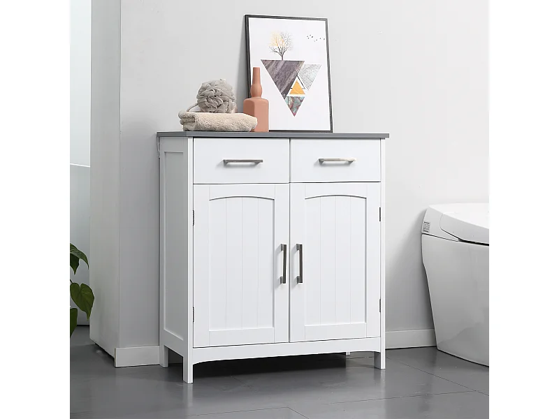 Meuble bas de salle de bain sur pied - 2 tiroirs, 2 portes, étagère - dim. 68 x 33 x 76 cm - blanc gris