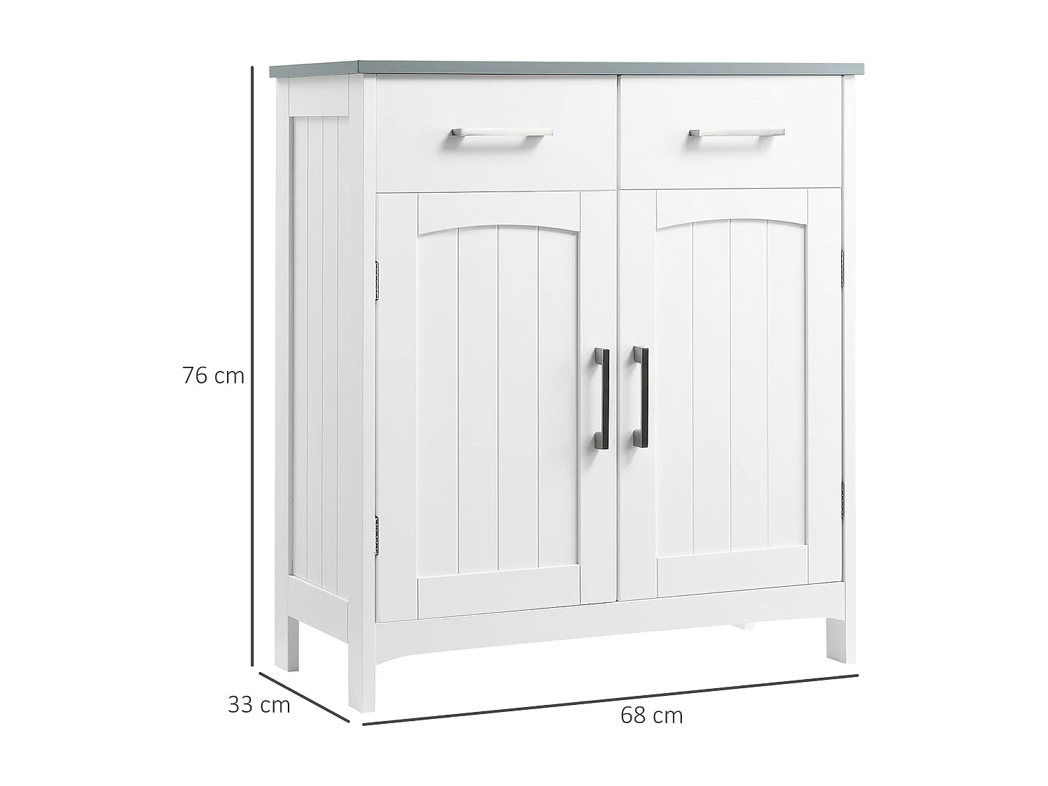 Meuble bas de salle de bain sur pied - 2 tiroirs, 2 portes, étagère - dim. 68 x 33 x 76 cm - blanc gris