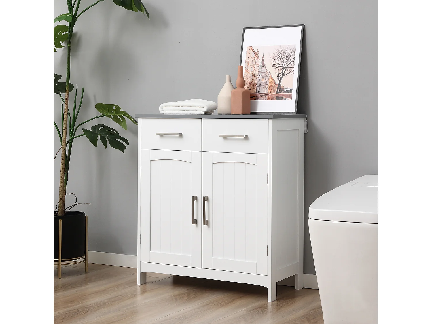 Meuble bas de salle de bain sur pied - 2 tiroirs, 2 portes, étagère - dim. 68 x 33 x 76 cm - blanc gris