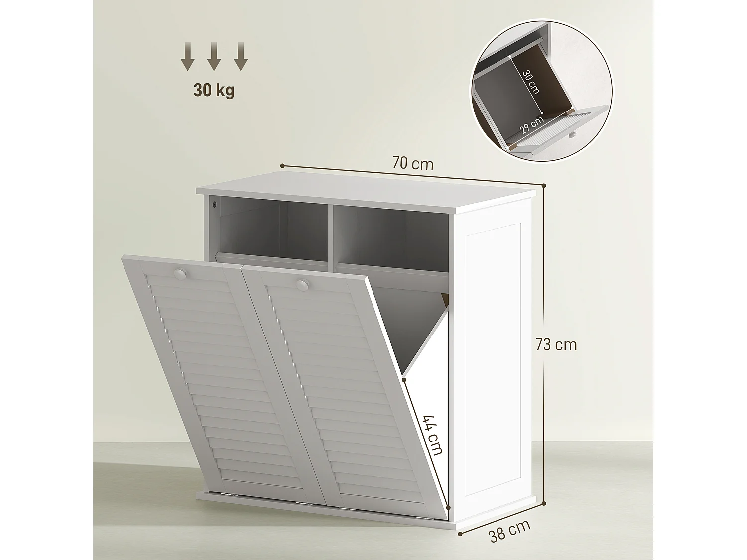 Meuble salle de bain avec paniers à linge basculants - 2 portes persiennes - blanc