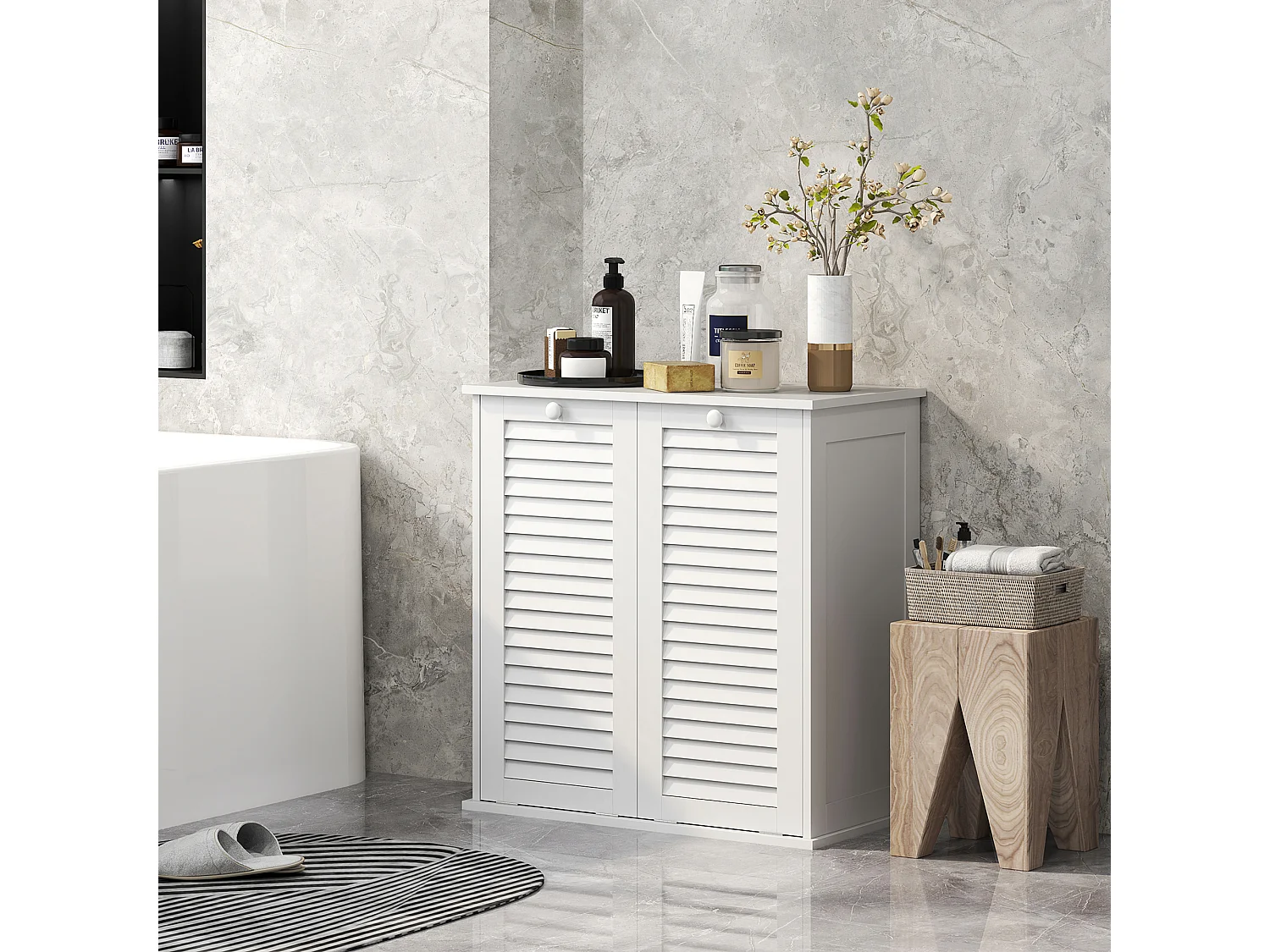 Meuble salle de bain avec paniers à linge basculants - 2 portes persiennes - blanc