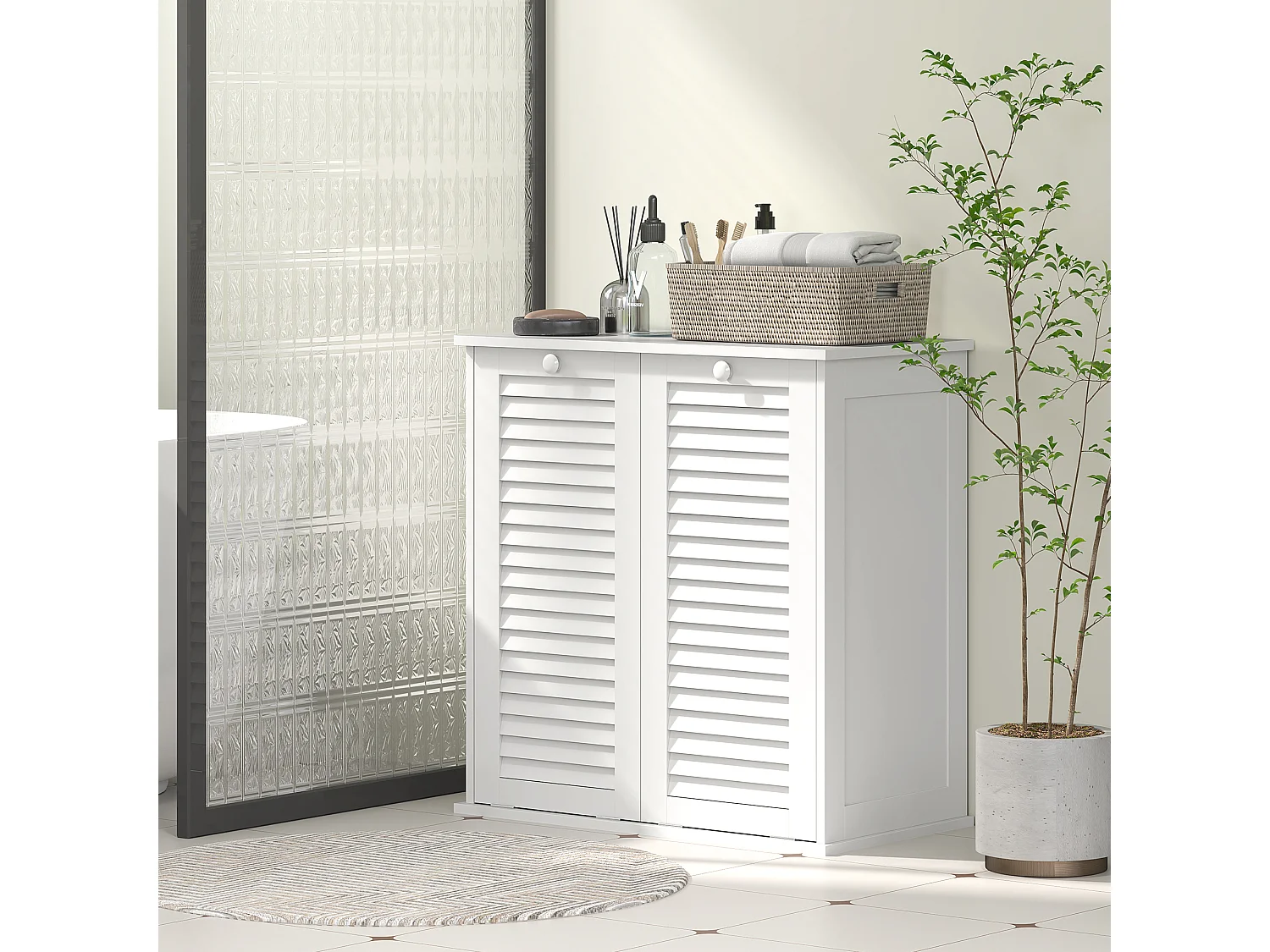 Meuble salle de bain avec paniers à linge basculants - 2 portes persiennes - blanc