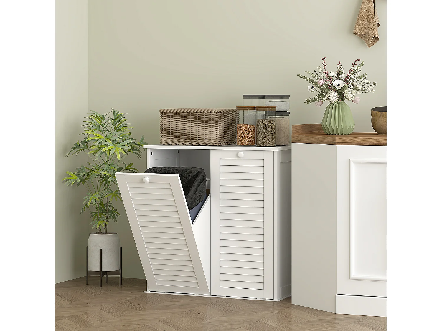 Meuble salle de bain avec paniers à linge basculants - 2 portes persiennes - blanc