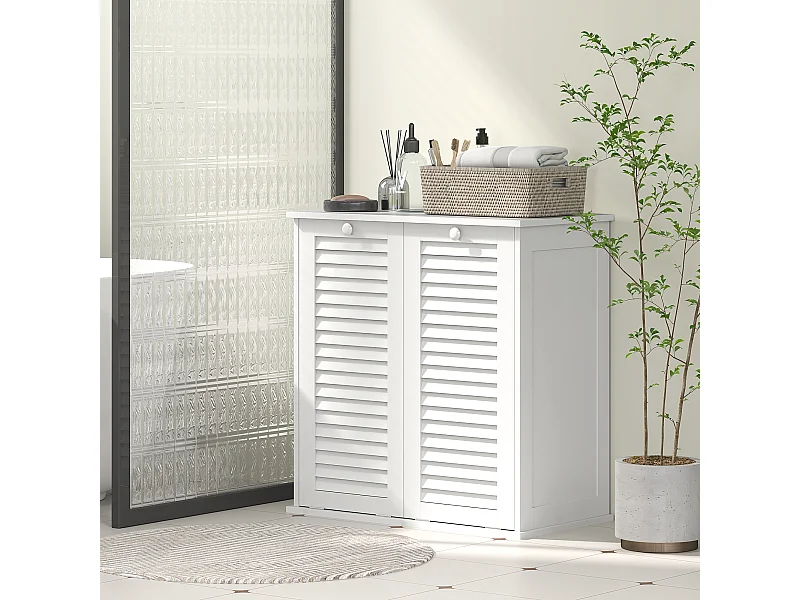 Meuble salle de bain avec paniers à linge basculants - 2 portes persiennes - blanc