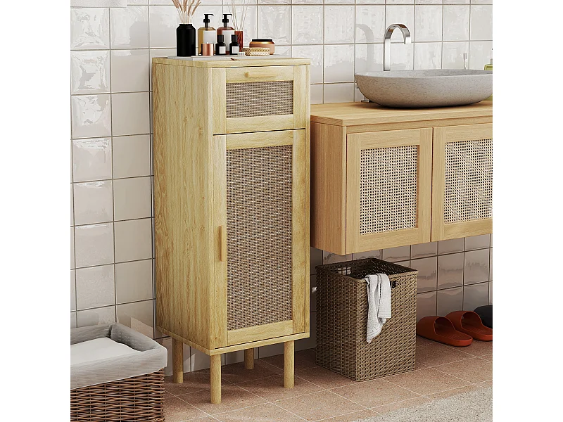 Meuble salle de bain style bohème - tiroir, placard, étagères - effet rotin bois