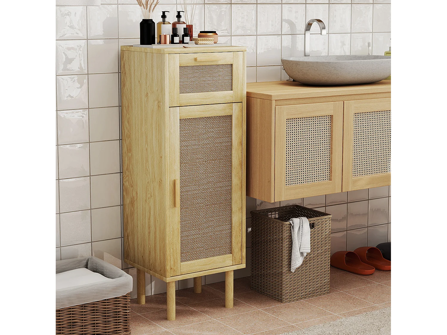 Meuble salle de bain style bohème - tiroir, placard, étagères - effet rotin bois