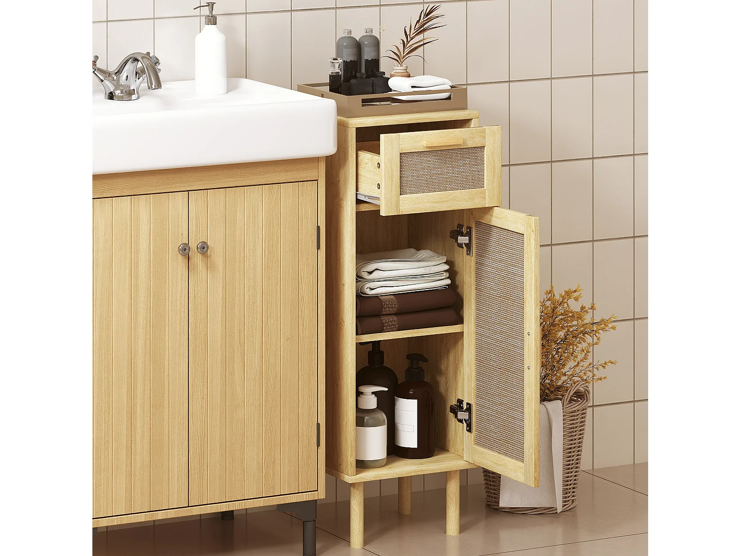 Meuble salle de bain style bohème - tiroir, placard, étagères - effet rotin bois