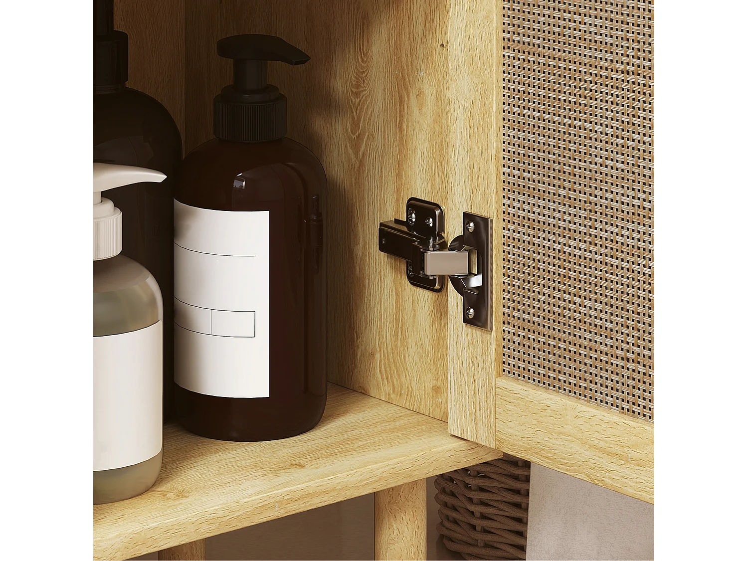 Meuble salle de bain style bohème - tiroir, placard, étagères - effet rotin bois