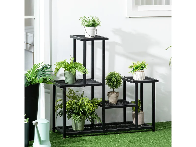 Support plantes 4 niveaux 5 étagères petites mailles métal noir