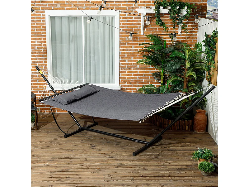 Hamac sur pied 1 place grand confort - tétière, toile matelassé - acier gris foncé