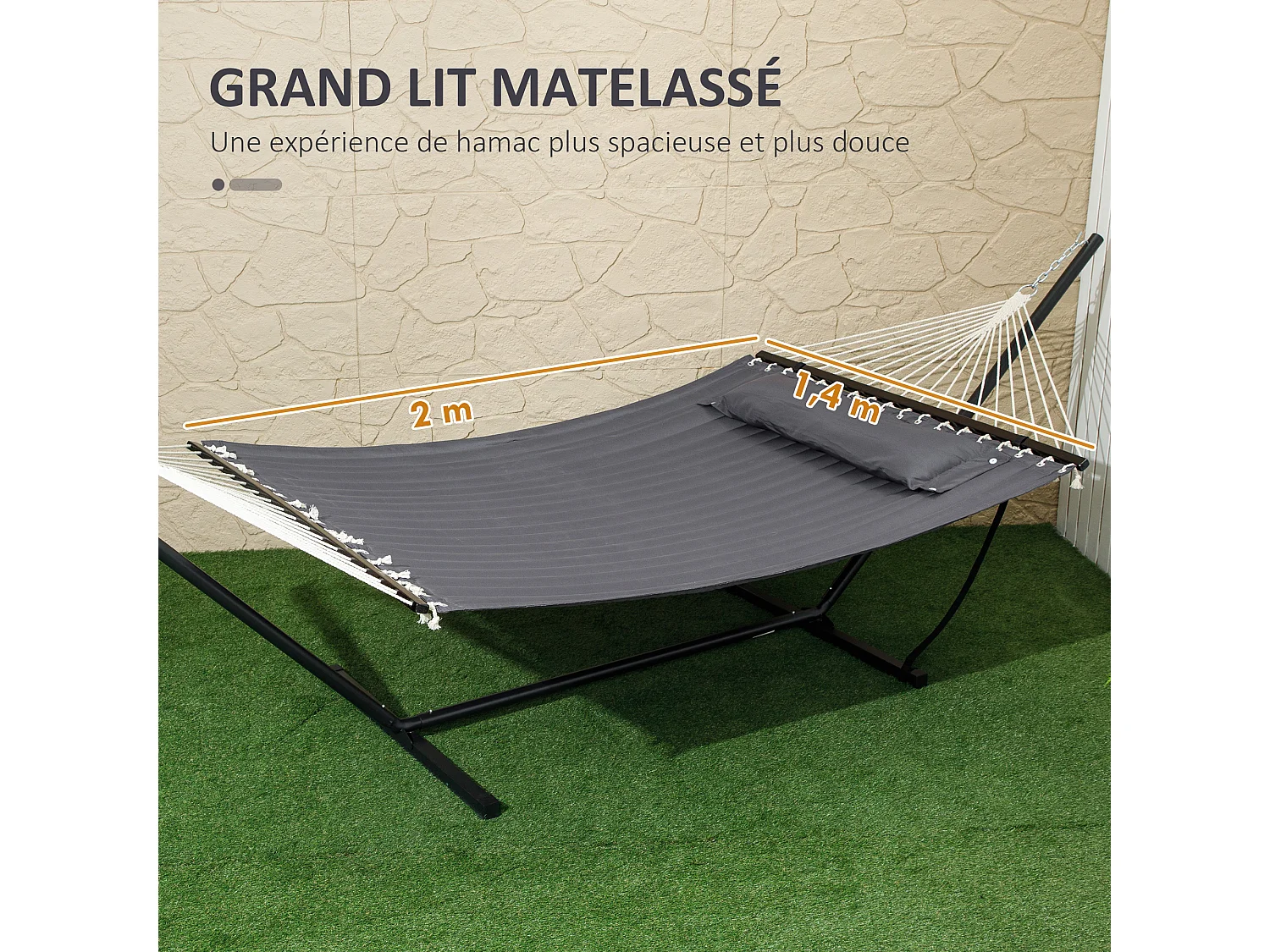Hamac sur pied 1 place grand confort - tétière, toile matelassé - acier gris foncé