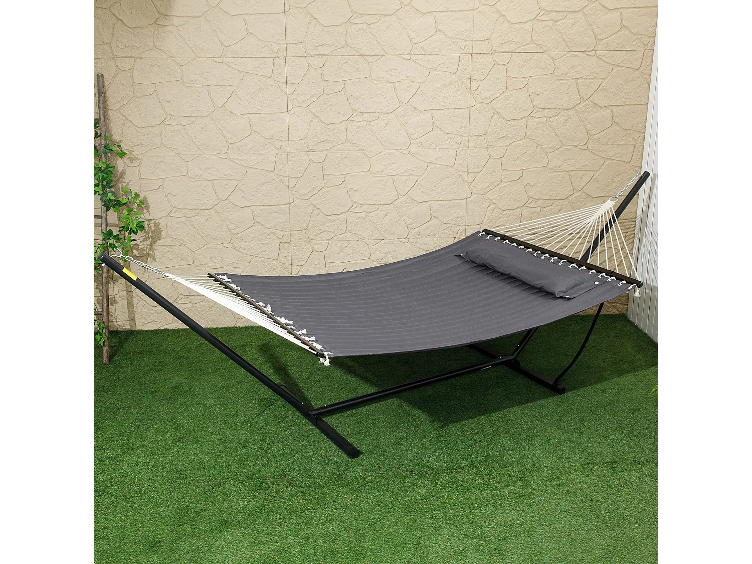 Hamac sur pied 1 place grand confort - tétière, toile matelassé - acier gris foncé