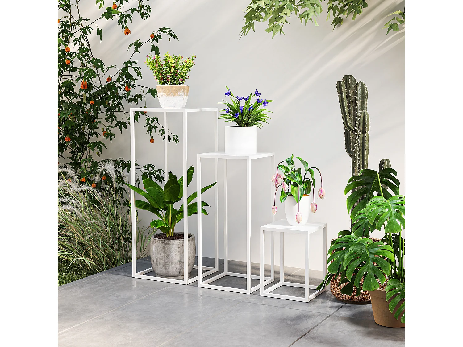 Lot de 3 supports pour plantes fleurs empilables - usage intérieur extérieur - métal époxy blanc