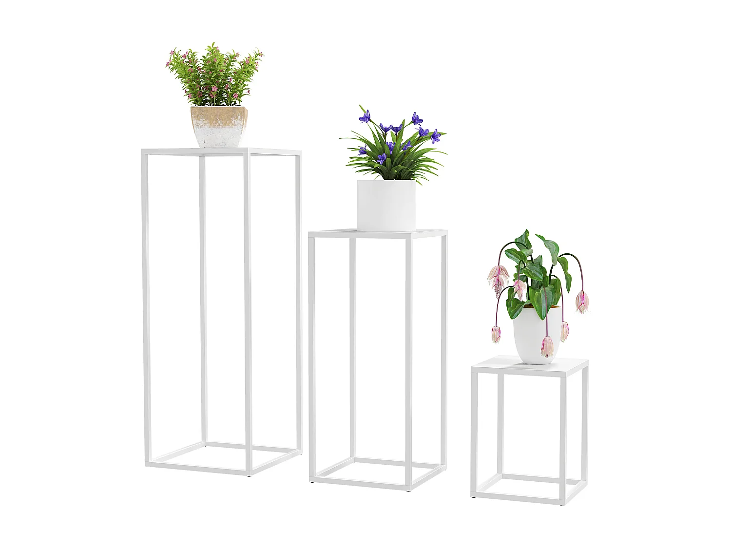 Lot de 3 supports pour plantes fleurs empilables - usage intérieur extérieur - métal époxy blanc
