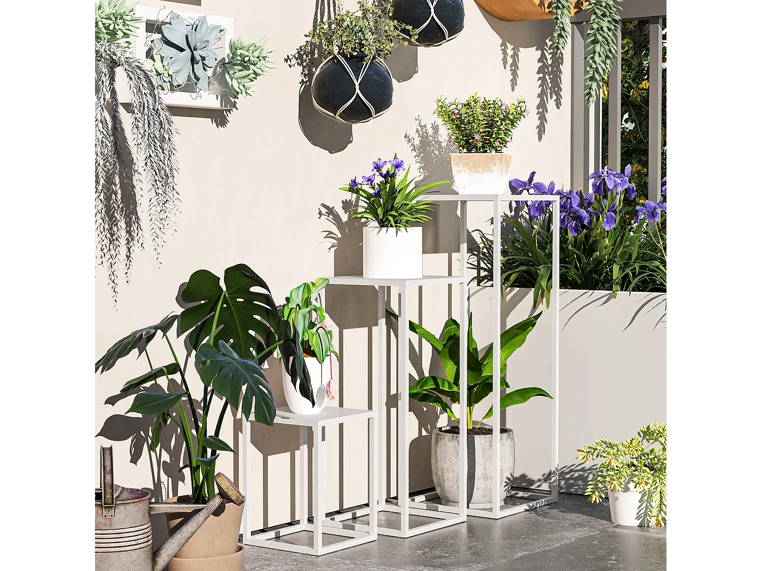 Lot de 3 supports pour plantes fleurs empilables - usage intérieur extérieur - métal époxy blanc