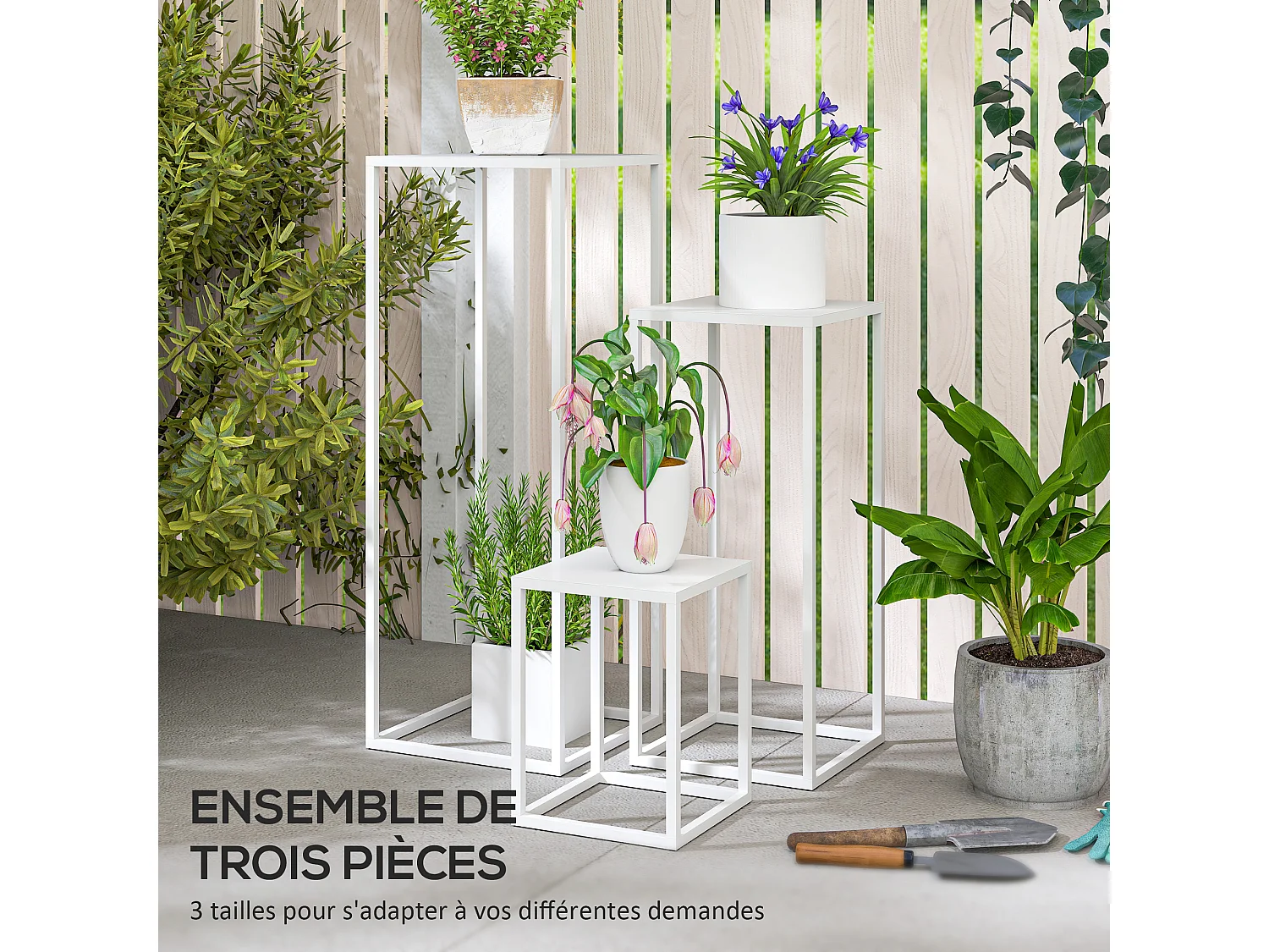 Lot de 3 supports pour plantes fleurs empilables - usage intérieur extérieur - métal époxy blanc