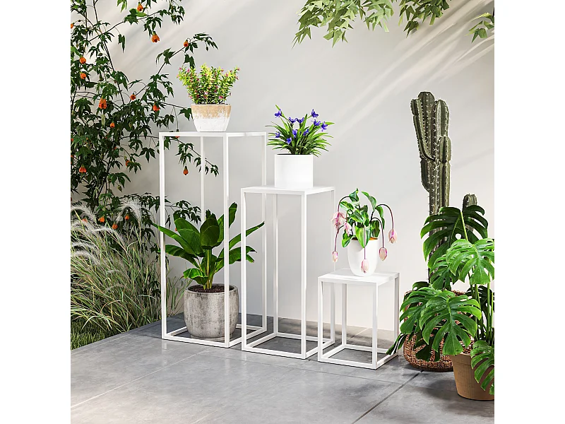 Lot de 3 supports pour plantes fleurs empilables - usage intérieur extérieur - métal époxy blanc