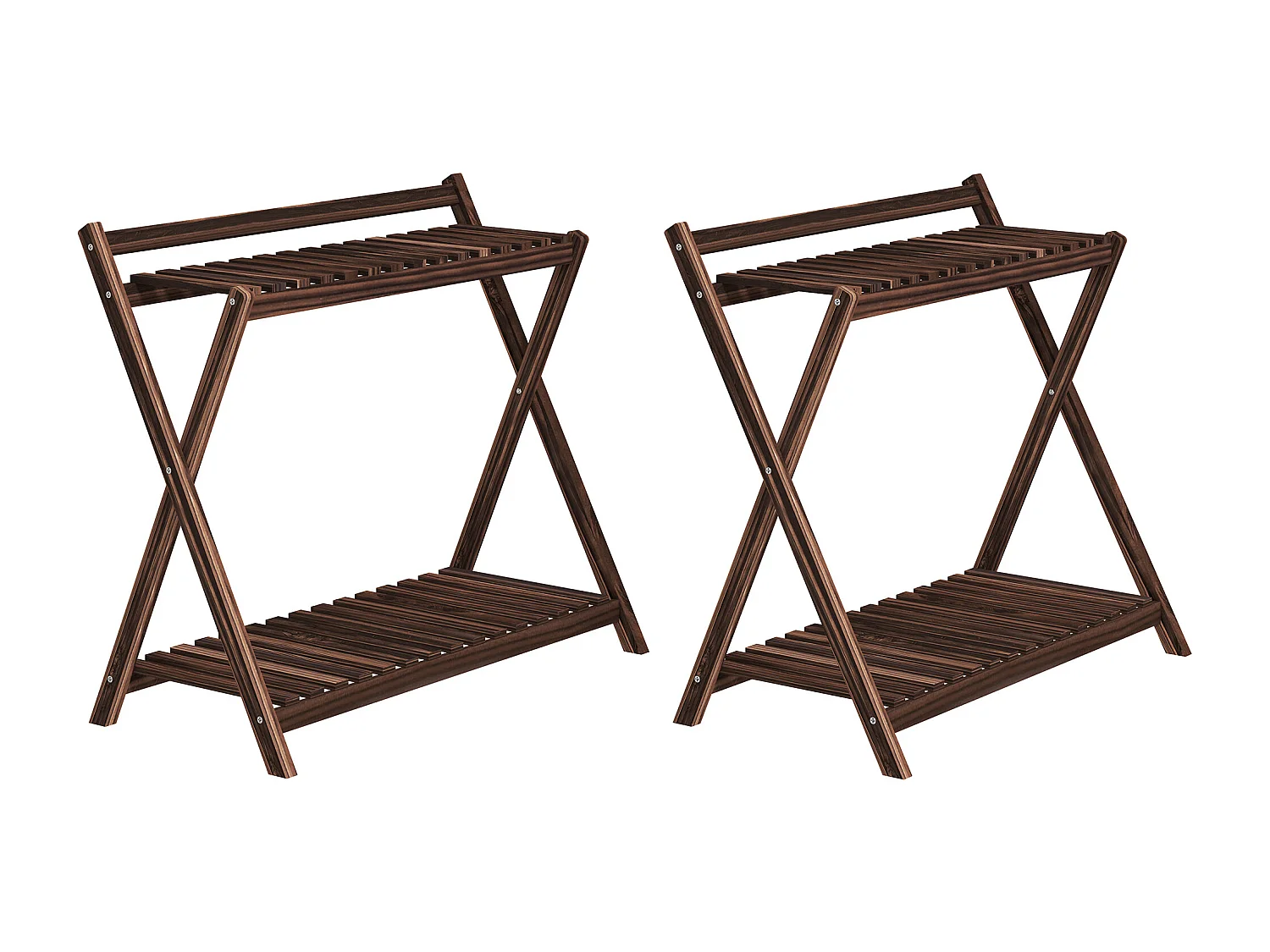 Lot de 2 supports étagères à fleurs en bois - 2 niveaux - sapin traité carbonisation