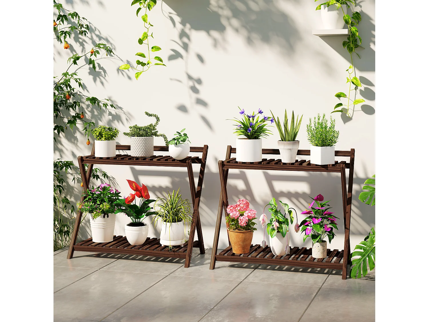 Lot de 2 supports étagères à fleurs en bois - 2 niveaux - sapin traité carbonisation