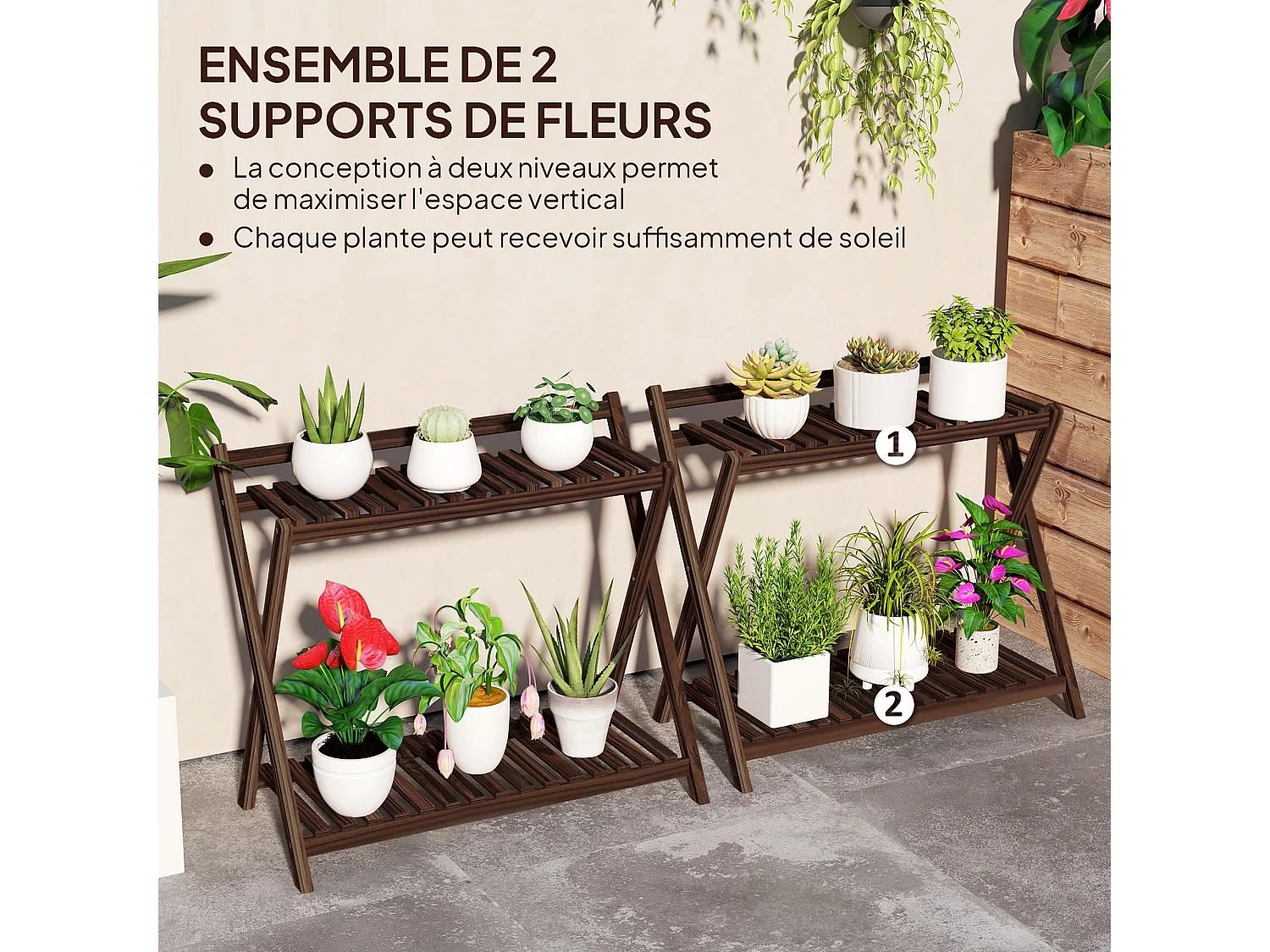 Lot de 2 supports étagères à fleurs en bois - 2 niveaux - sapin traité carbonisation