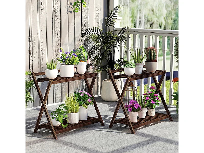 Lot de 2 supports étagères à fleurs en bois - 2 niveaux - sapin traité carbonisation