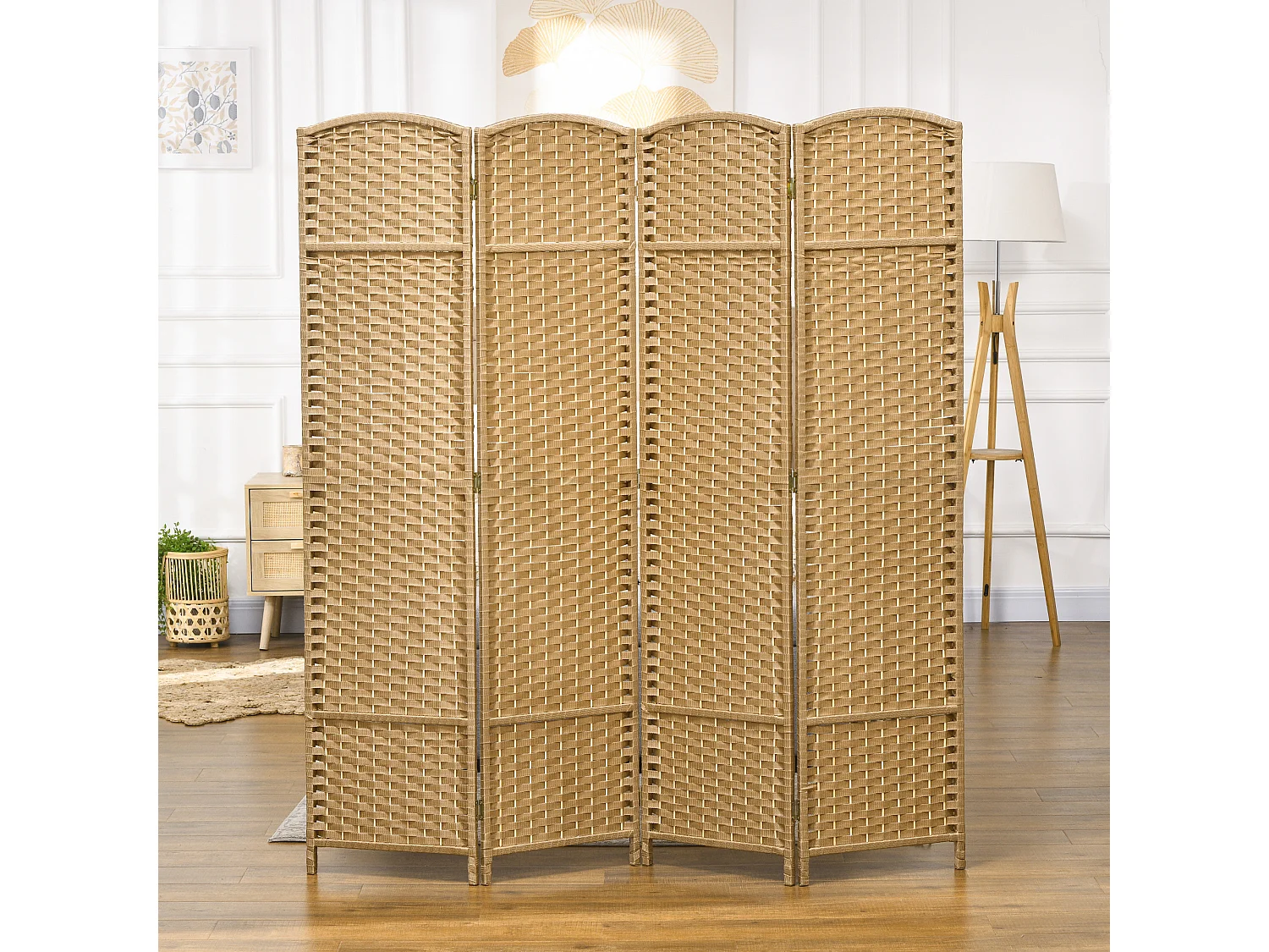 Paravent intérieur pliable 4 panneaux 160 x 170 cm - séparateur de pièce finition tressée - PP  bois pin beige