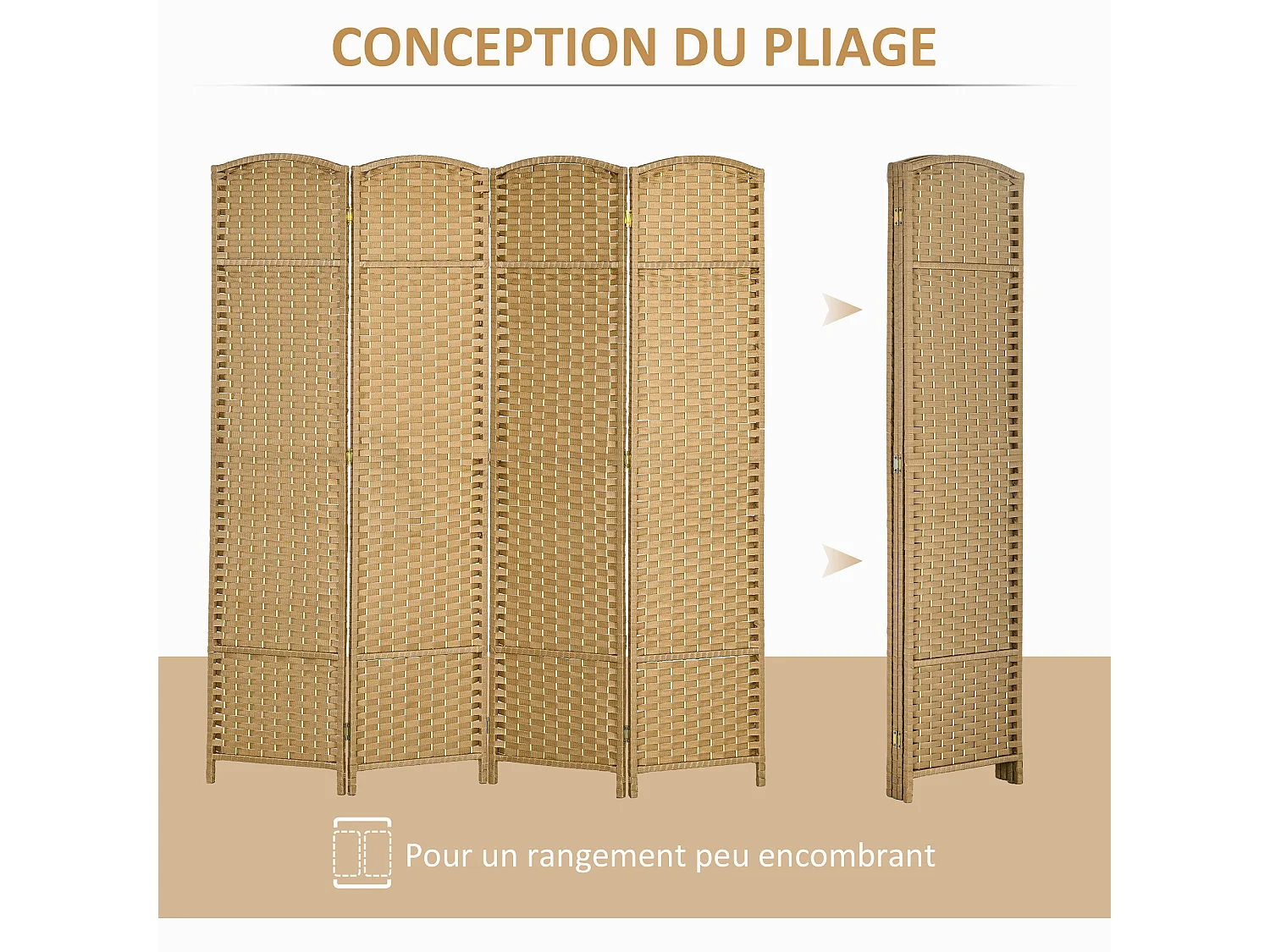 Paravent intérieur pliable 4 panneaux 160 x 170 cm - séparateur de pièce finition tressée - PP  bois pin beige