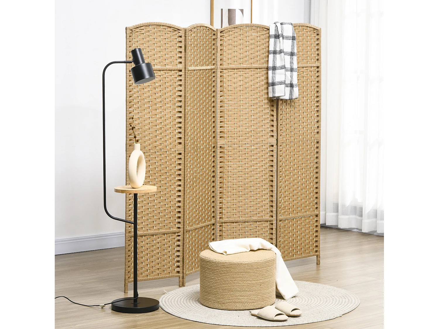 Paravent intérieur pliable 4 panneaux 160 x 170 cm - séparateur de pièce finition tressée - PP  bois pin beige