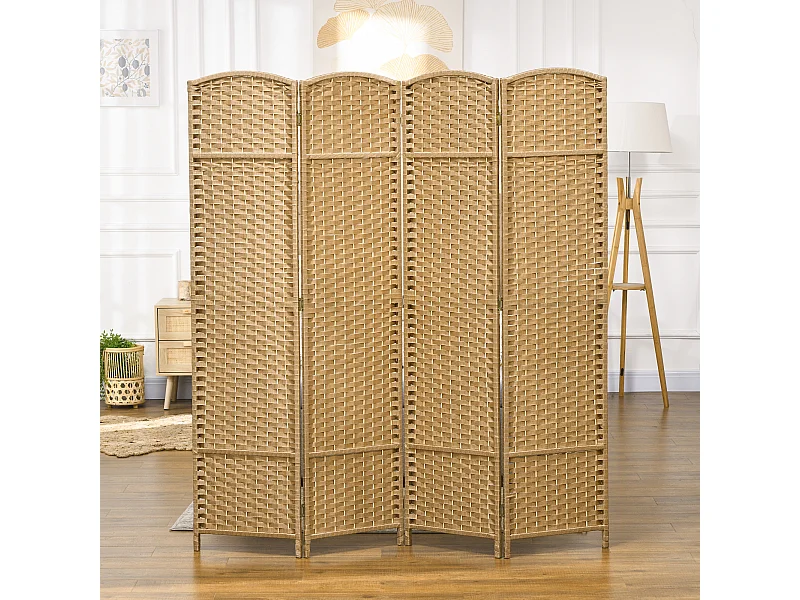 Paravent intérieur pliable 4 panneaux 160 x 170 cm - séparateur de pièce finition tressée - PP  bois pin beige