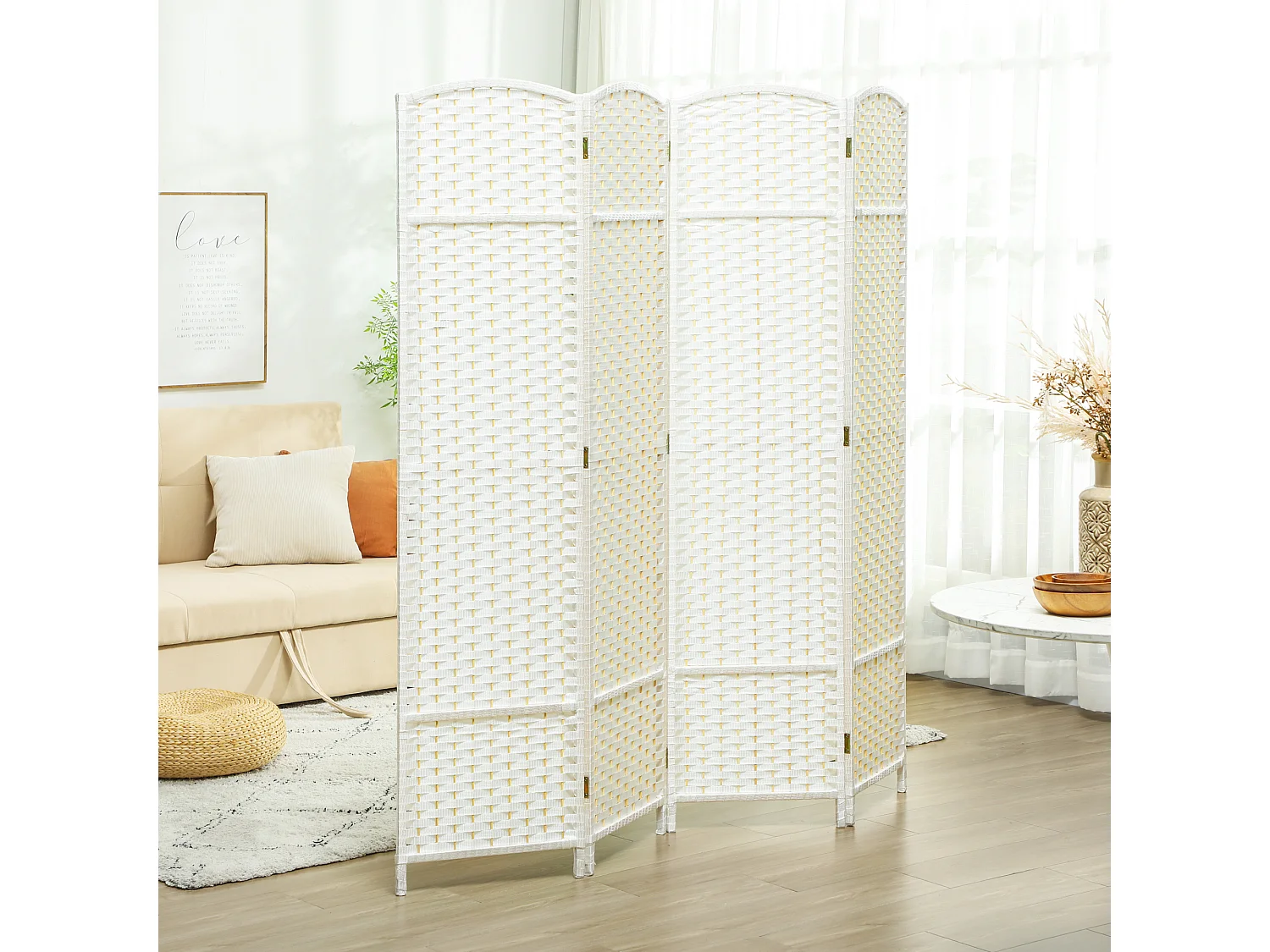 Paravent intérieur pliable 4 panneaux 160 x 170 cm - séparateur de pièce finition tressée - PP  bois pin blanc