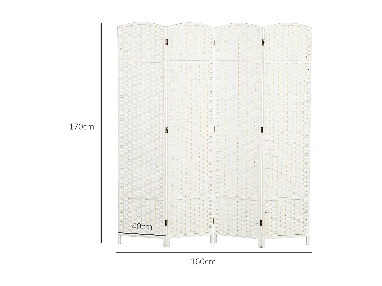 Paravent intérieur pliable 4 panneaux 160 x 170 cm - séparateur de pièce finition tressée - PP  bois pin blanc