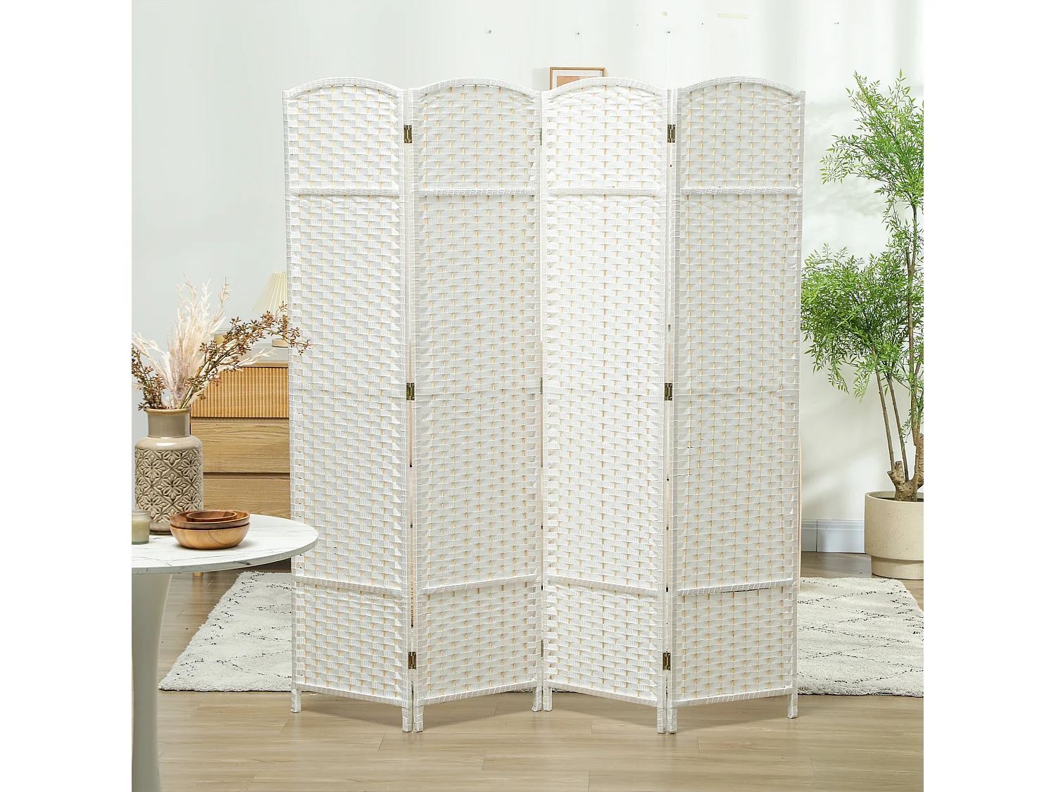 Paravent intérieur pliable 4 panneaux 160 x 170 cm - séparateur de pièce finition tressée - PP  bois pin blanc