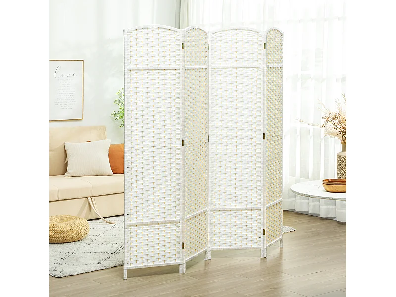 Paravent intérieur pliable 4 panneaux 160 x 170 cm - séparateur de pièce finition tressée - PP  bois pin blanc