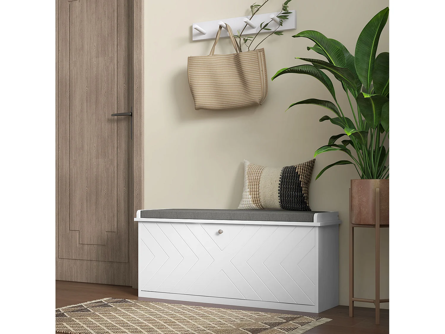 Banc à chaussures style graphique motif chevrons - coussin déhoussable inclus - blanc gris