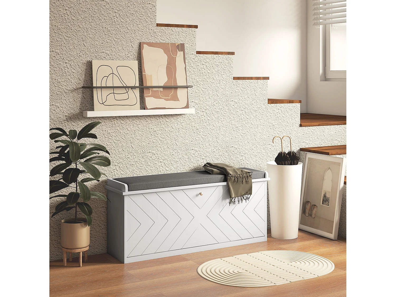 Banc à chaussures style graphique motif chevrons - coussin déhoussable inclus - blanc gris
