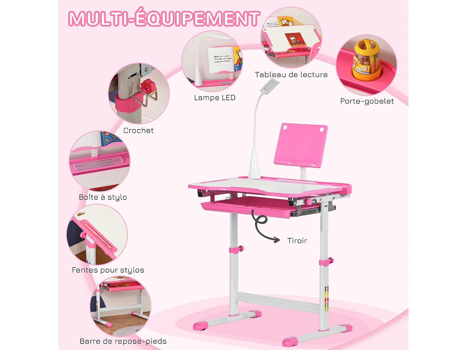 Bureau enfant avec chaise - ensemble bureau et chaise réglable - lampe, support de lecture, tablette coulissante multi-rangement - gris blanc