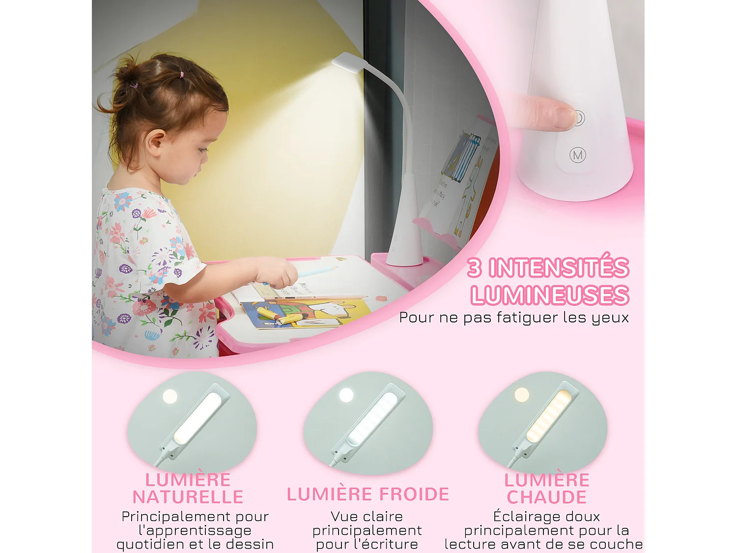 Bureau enfant avec chaise - ensemble bureau et chaise réglable - lampe, support de lecture, tablette coulissante multi-rangement - gris blanc