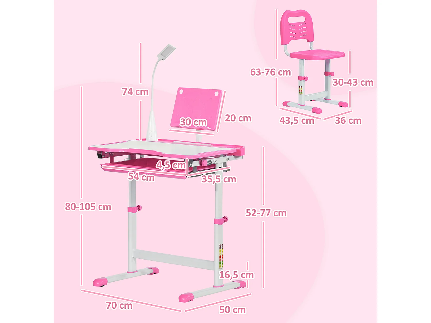 Bureau enfant avec chaise - ensemble bureau et chaise réglable - lampe, support de lecture, tablette coulissante multi-rangement - gris blanc