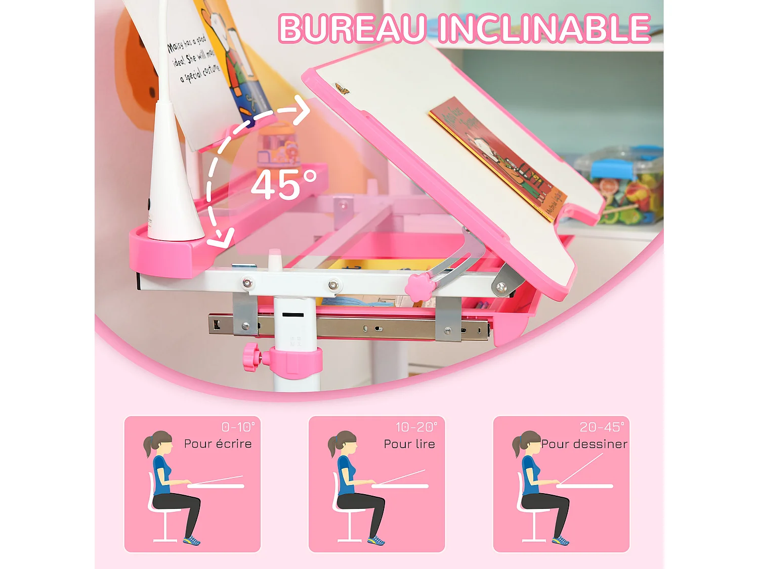 Bureau enfant avec chaise - ensemble bureau et chaise réglable - lampe, support de lecture, tablette coulissante multi-rangement - gris blanc