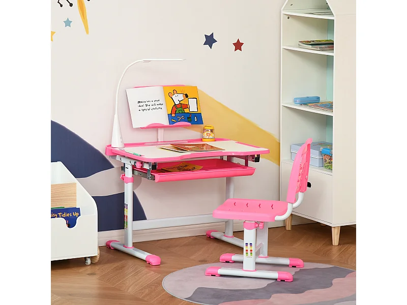 Bureau enfant avec chaise - ensemble bureau et chaise réglable - lampe, support de lecture, tablette coulissante multi-rangement - gris blanc