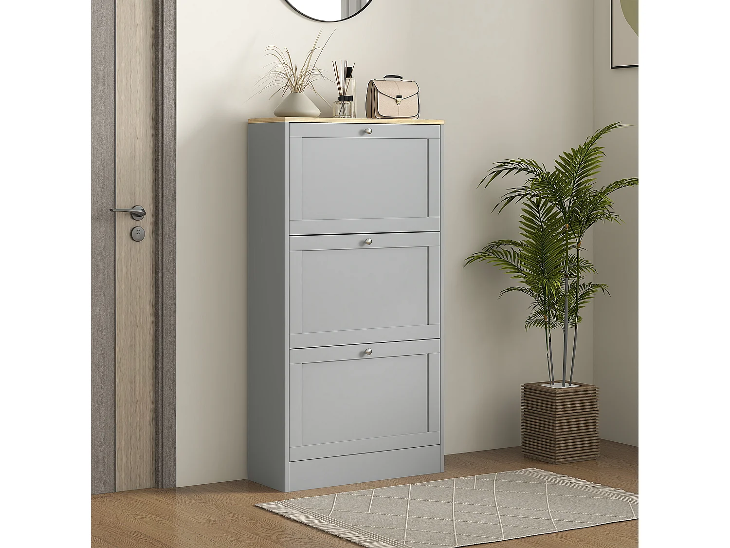 Meuble à chaussures 3 portes battantes style classique chic gris effet bois clair