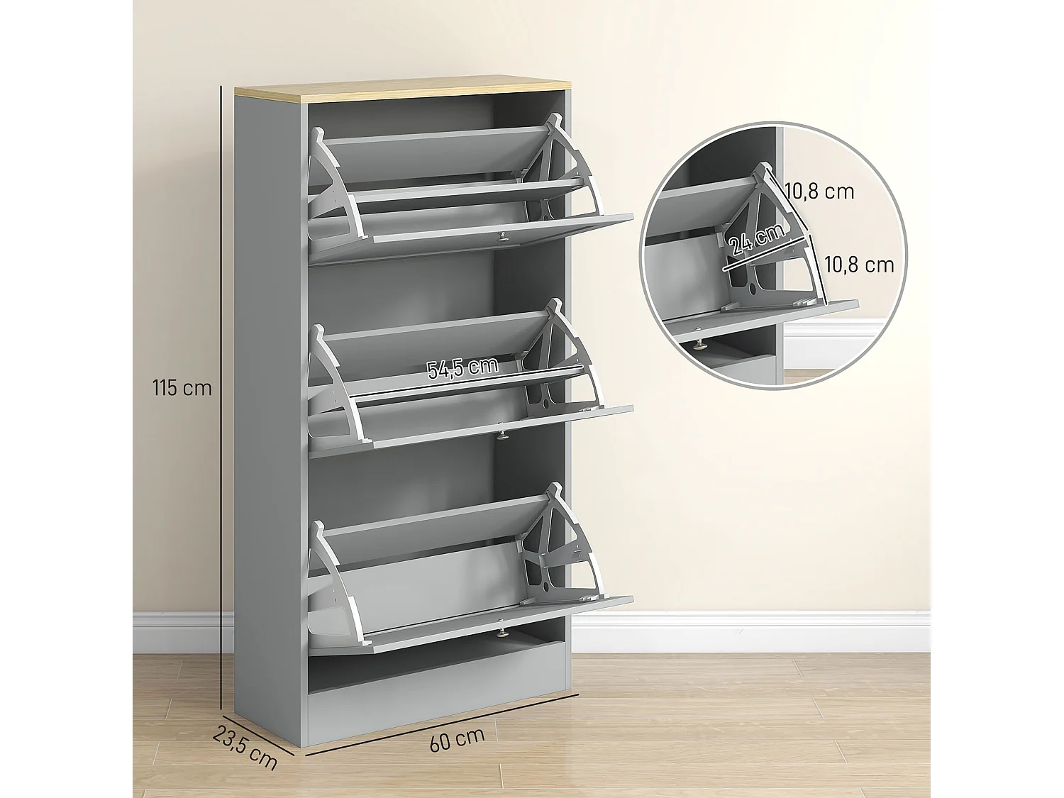 Meuble à chaussures 3 portes battantes style classique chic gris effet bois clair