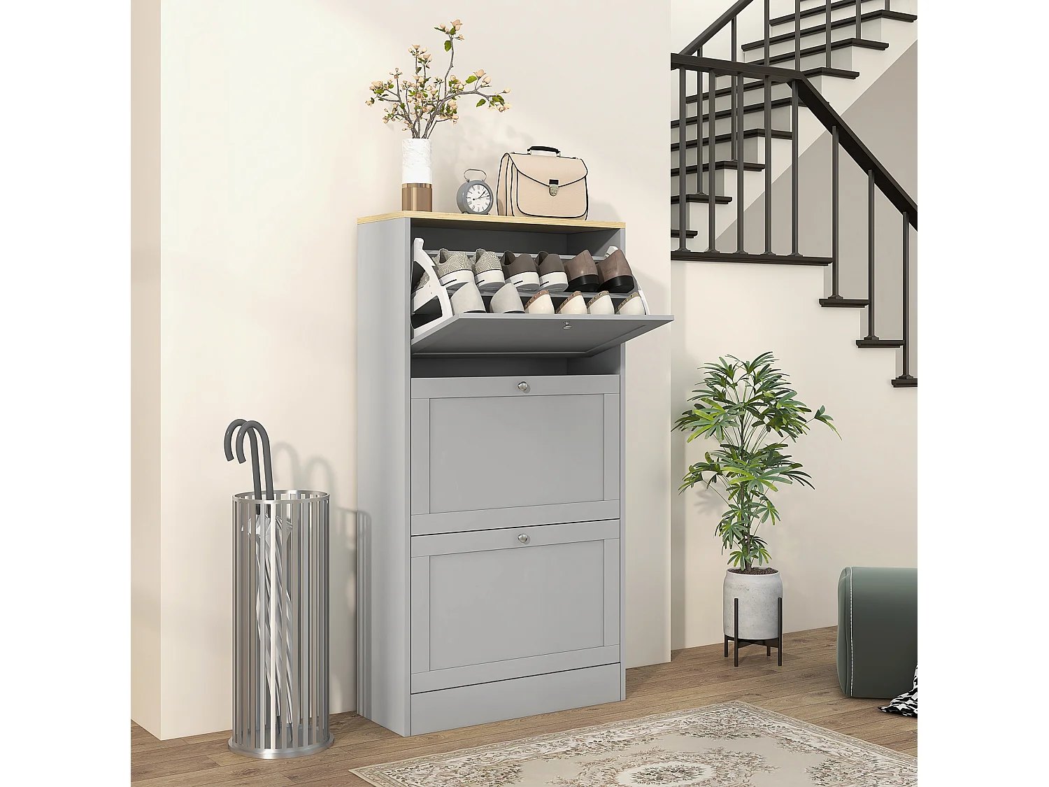 Meuble à chaussures 3 portes battantes style classique chic gris effet bois clair