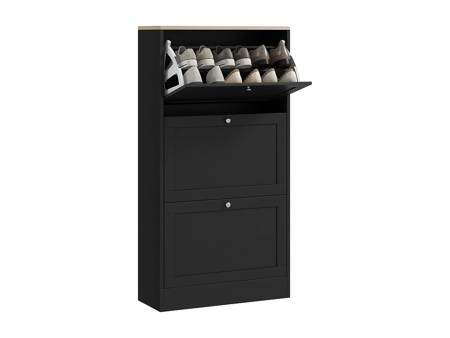 Meuble à chaussures 3 portes battantes style classique chic noir effet bois clair