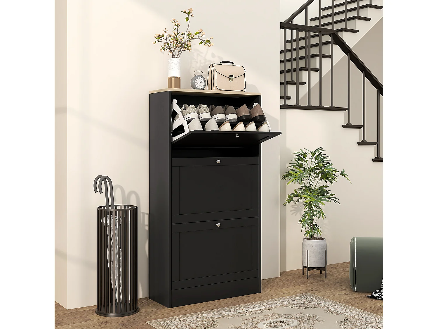 Meuble à chaussures 3 portes battantes style classique chic noir effet bois clair