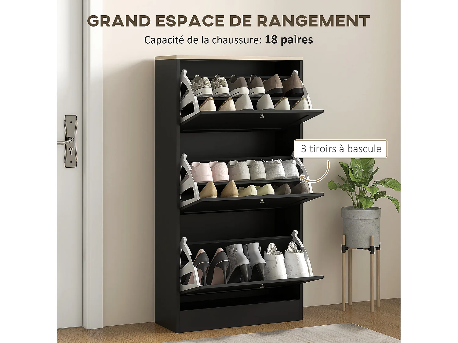 Meuble à chaussures 3 portes battantes style classique chic noir effet bois clair