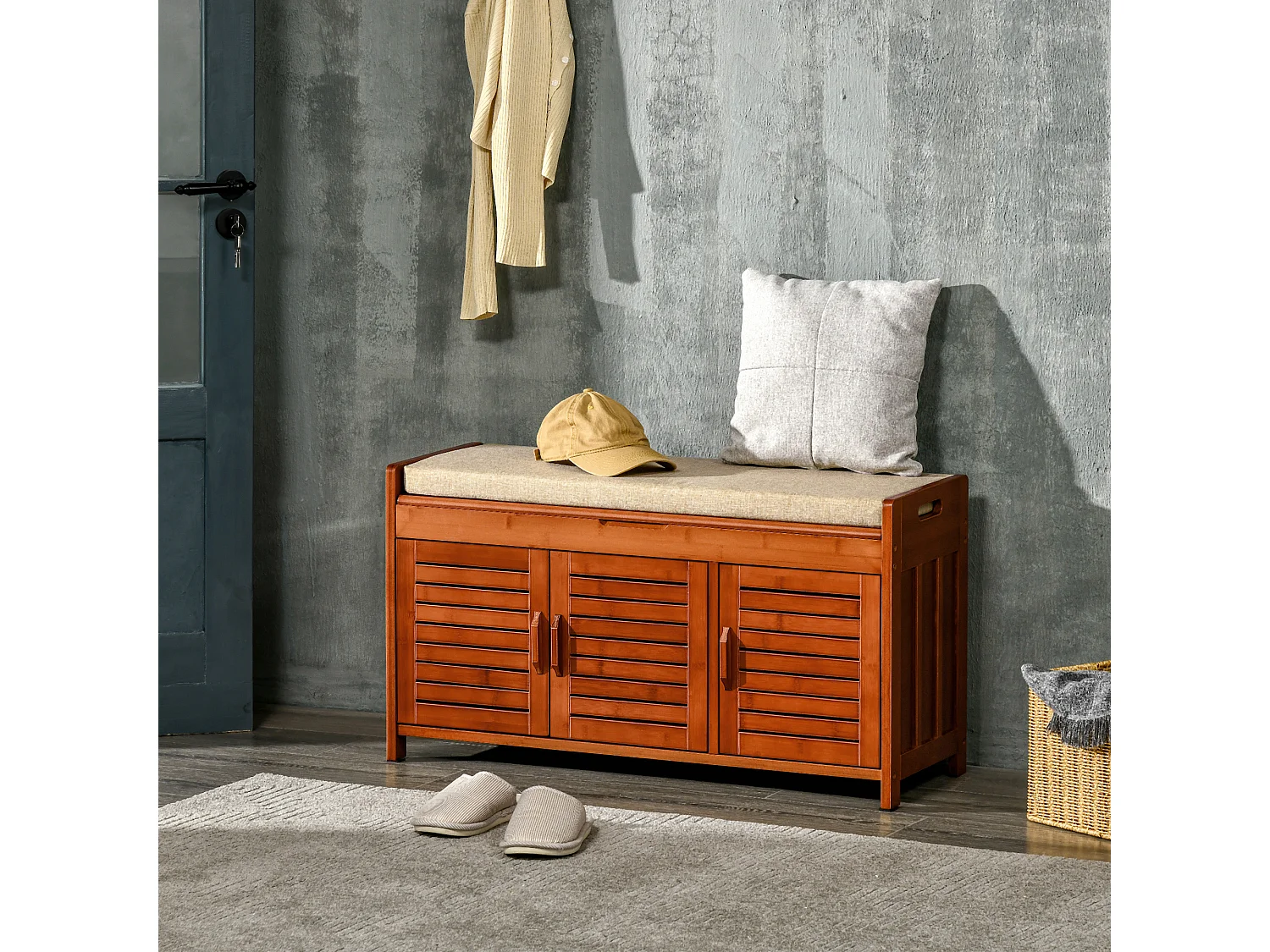 Banc à chaussures 3 portes et compartiment style exotique bois bambou verni coussin tissu beige