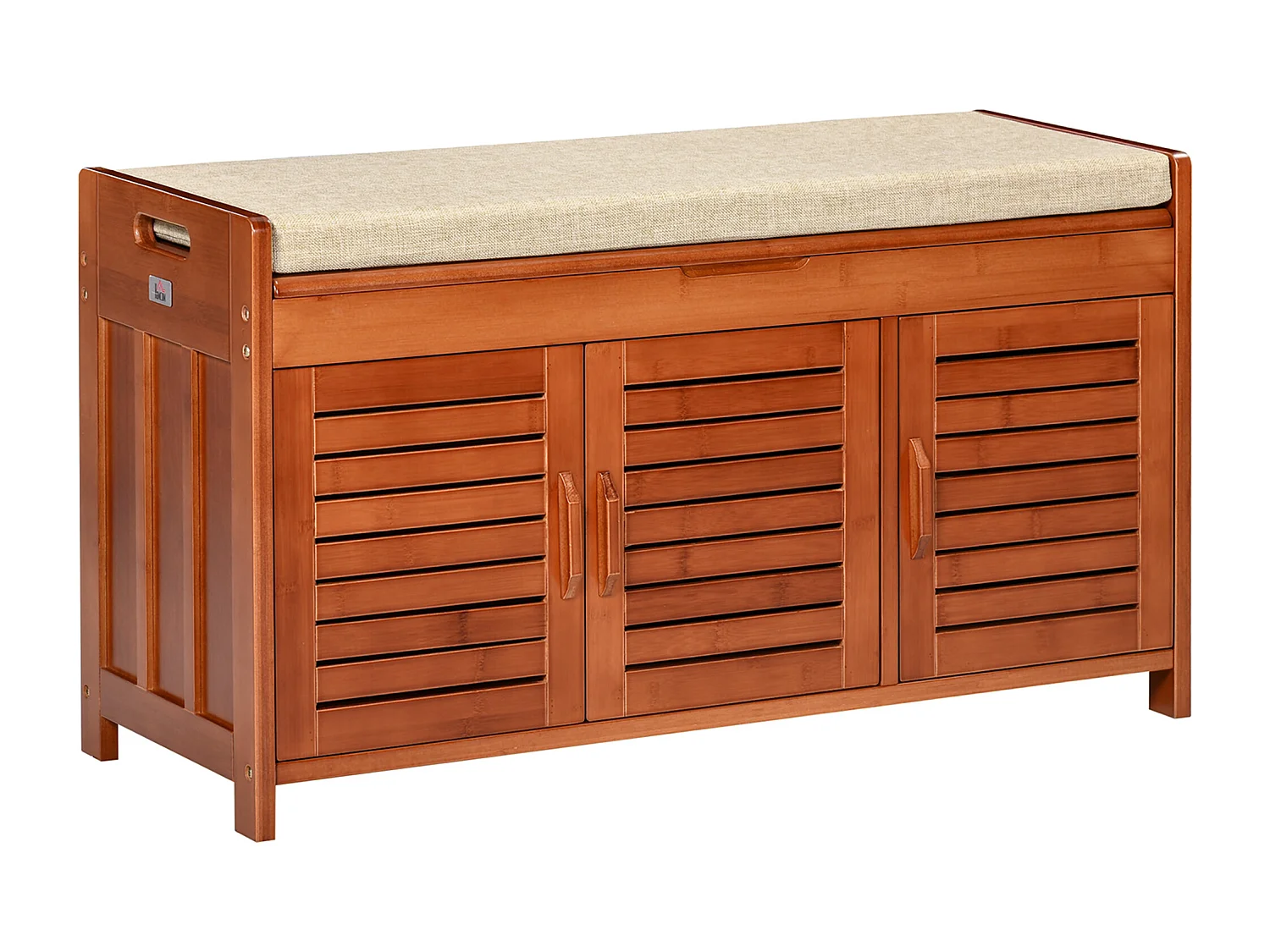 Banc à chaussures 3 portes et compartiment style exotique bois bambou verni coussin tissu beige